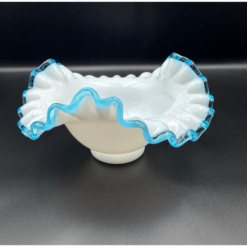 Fenton Milk Glass Ruffled Bowl Blue Crest Aqua Crimped Edge Vintage Art Glass